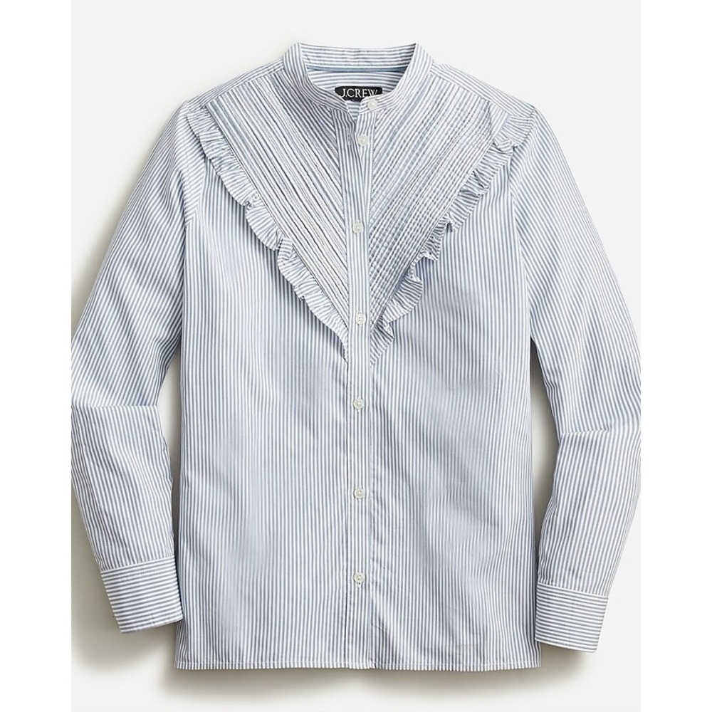 J. Crew Ruffle-Trim Poplin button Up Shirt Striped White Baby blue Cotton Sz 8